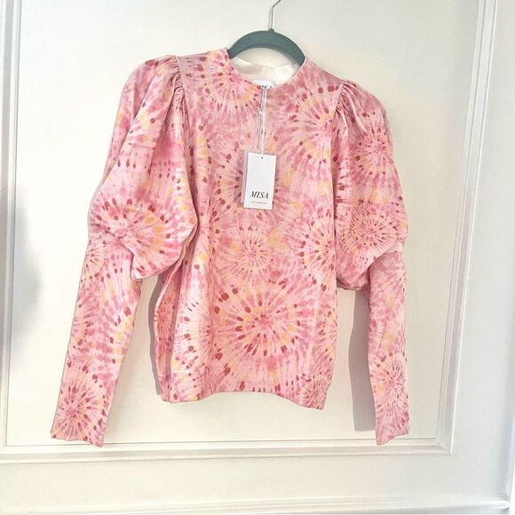 MISA Silk Blend Kali Long Sleeve Puff Shoulder Crewneck Sweater in Pink XS NWT - Picture 3 of 11